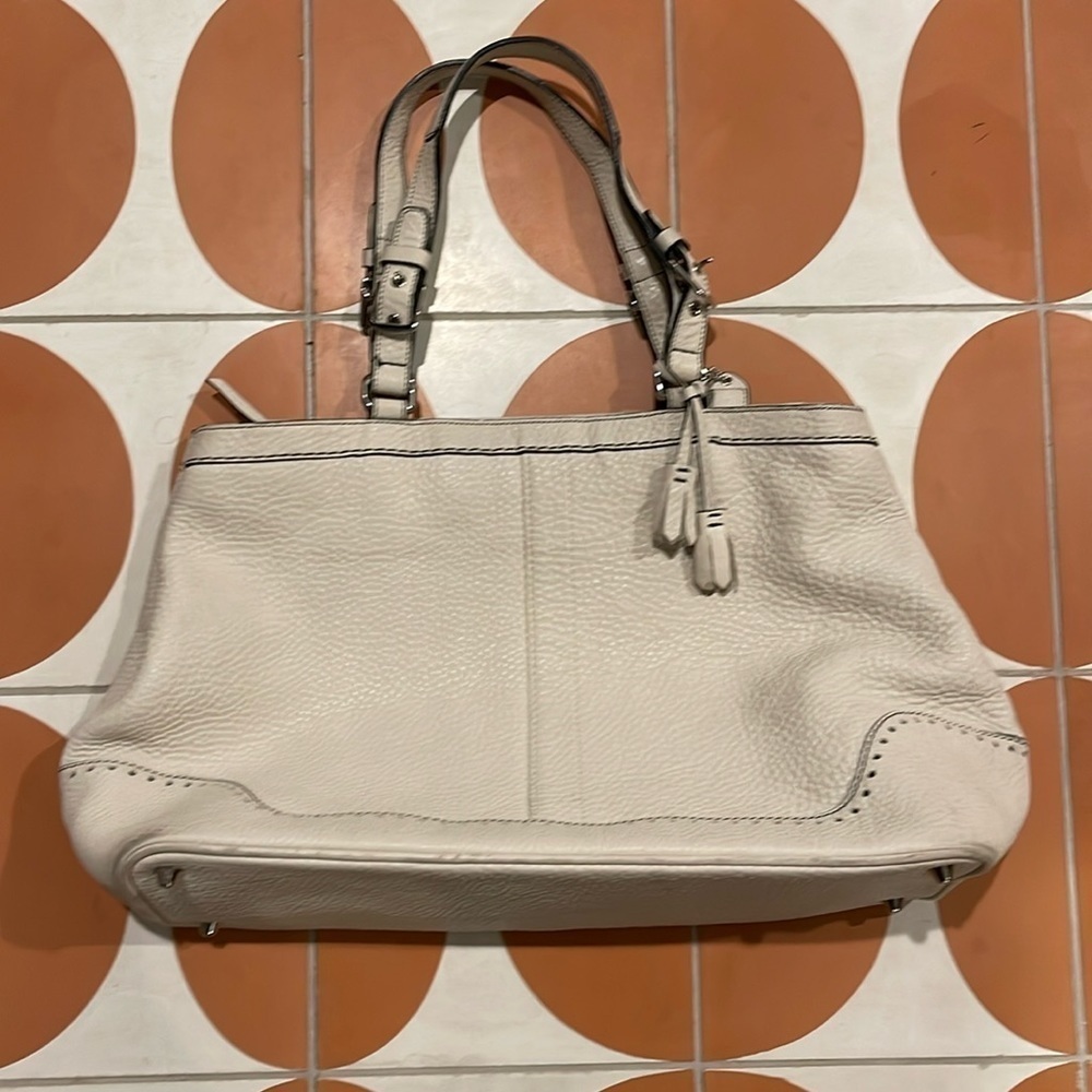 Coach Hampton Pebbled Leather Tassel Satchel Handbag Shoulder Purse Beige